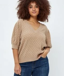 PEPPERCORN Femme ROSALIA PUFF SLEEVE CURVE T Shirt Imprimé Warm Sand Melange